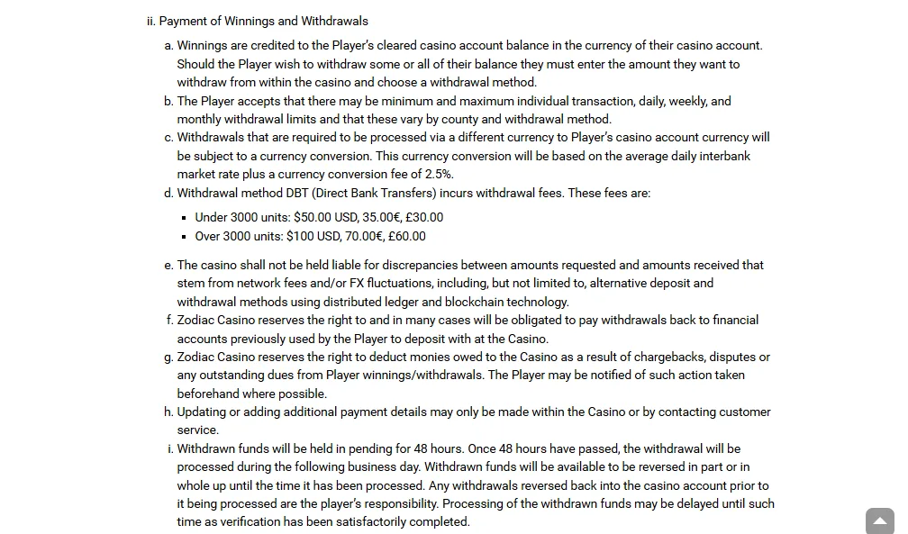 Screenshot of Zodiac Casino's withdrawal section and limits