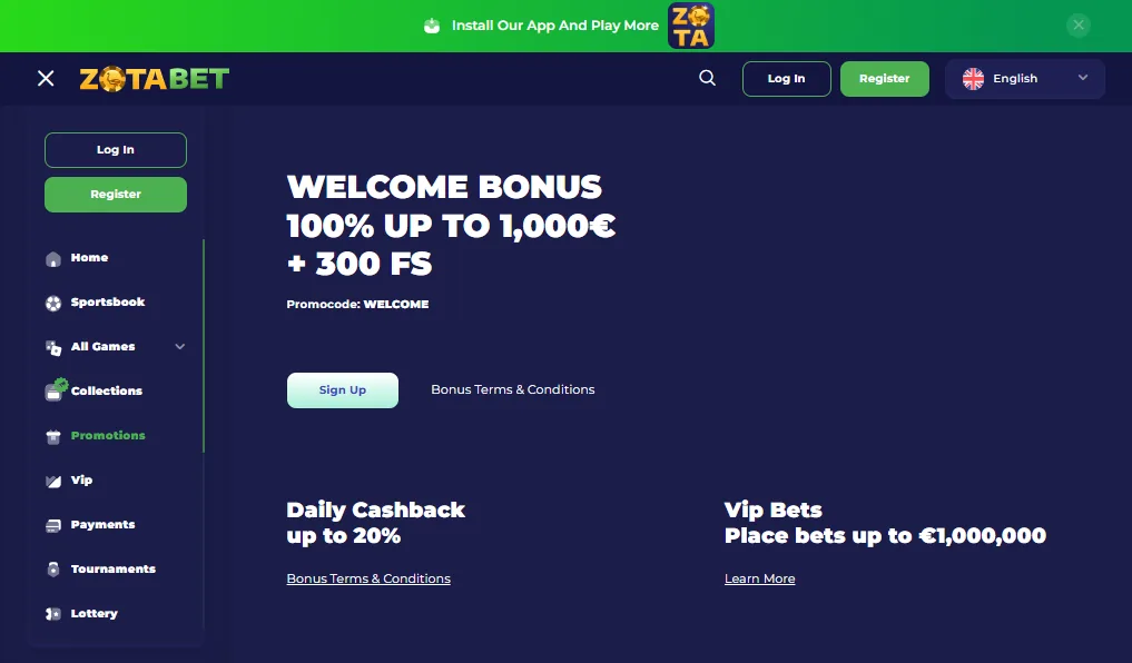 Screenshot of Zotabet's welcome bonus offer