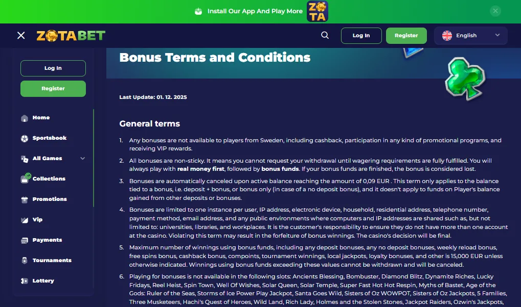Screenshot of Zotabet's bonus terms and wagering requirements