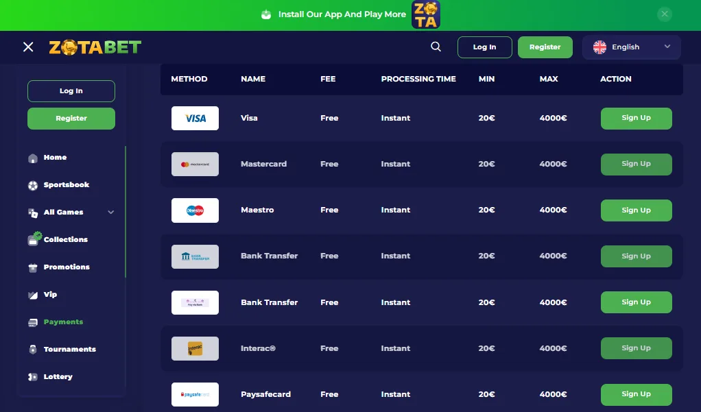 Screenshot of Zotabet's cashier and payment methods