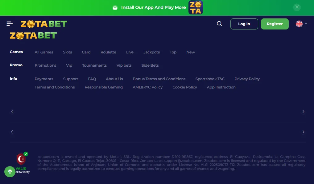 Screenshot of Zotabet's footer licence and regulator details