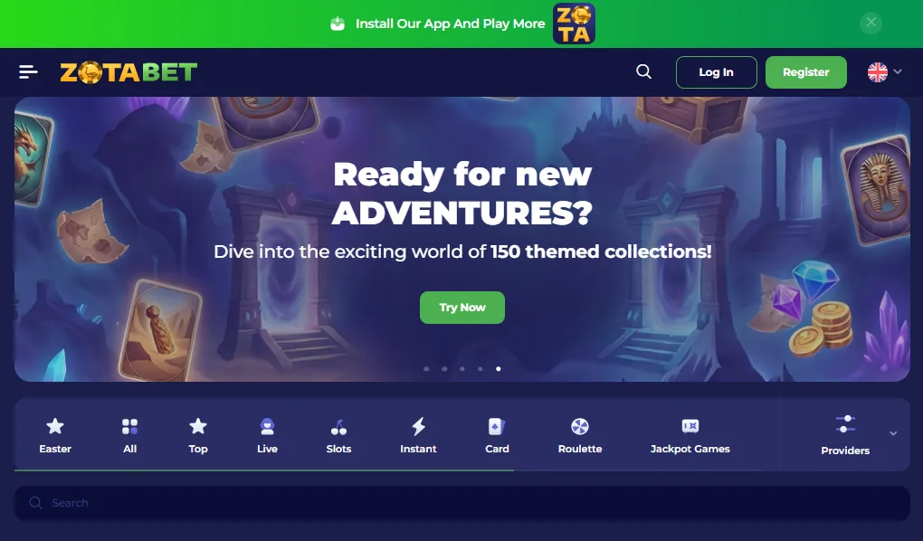 Screenshot of Zotabet's homepage