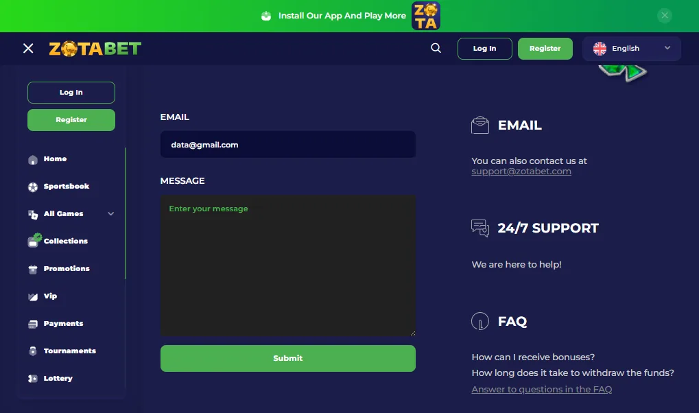 Screenshot of Zotabet's live chat support window