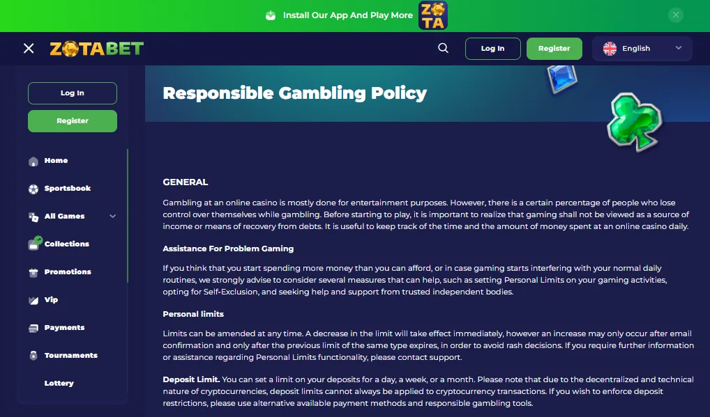 Screenshot of Zotabet's responsible-gambling tools