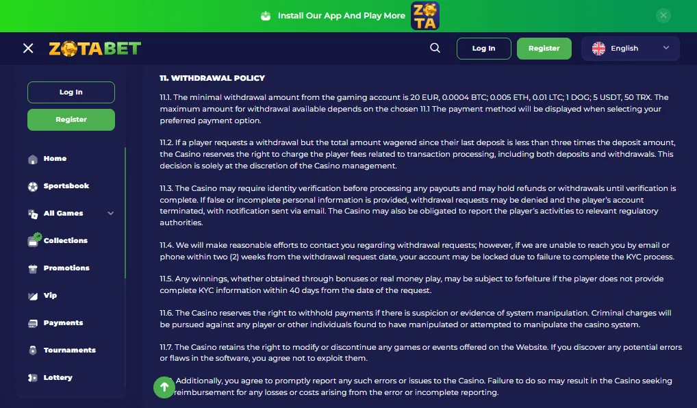 Screenshot of Zotabet's withdrawal section and limits