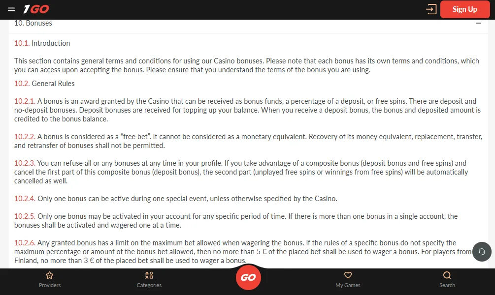 Screenshot of Igo Bet's bonus terms and wagering requirements