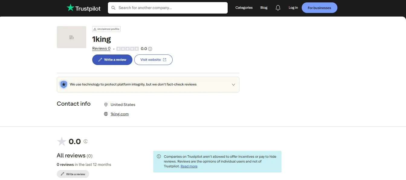 1king Trustpilot overview