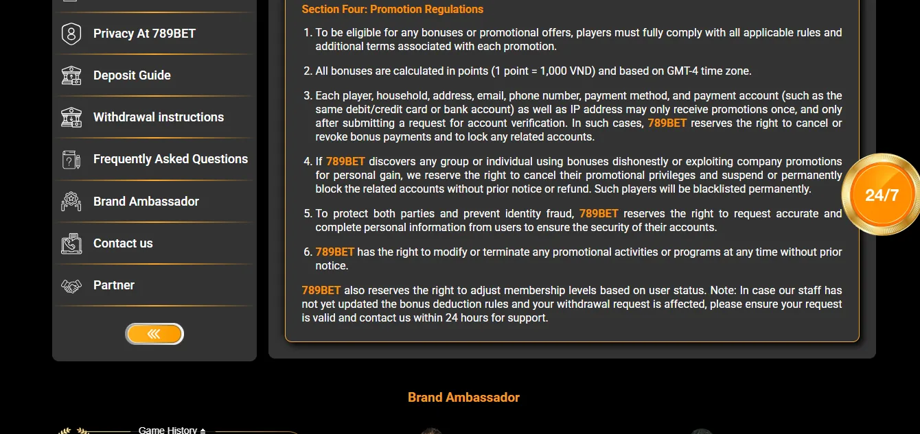 Screenshot of 789bet's bonus terms and wagering requirements