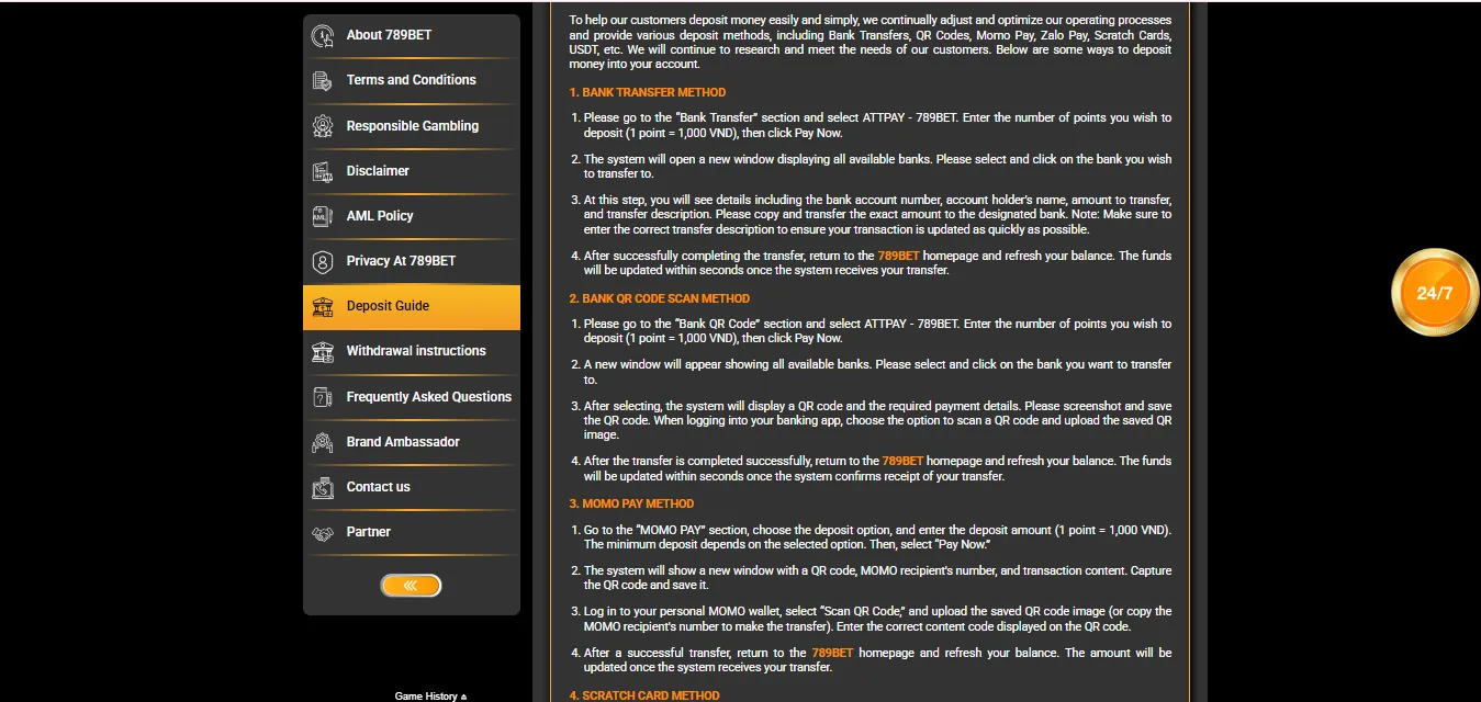 Screenshot of 789bet's cashier and payment methods