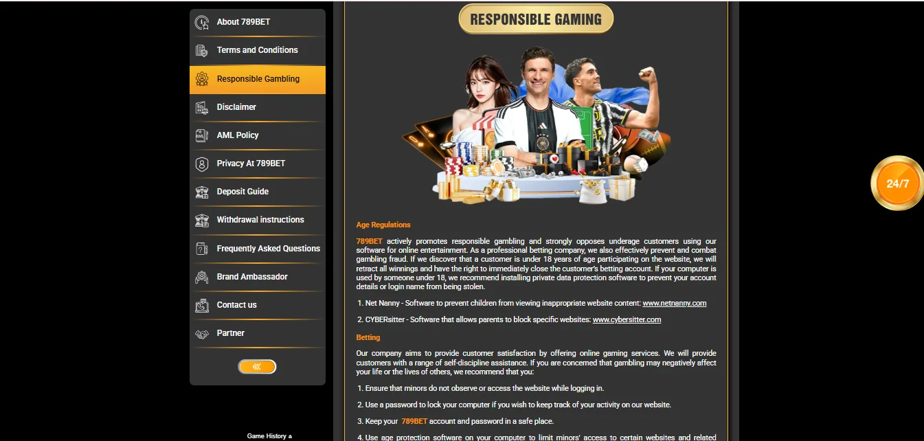 Screenshot of 789bet's responsible-gambling tools