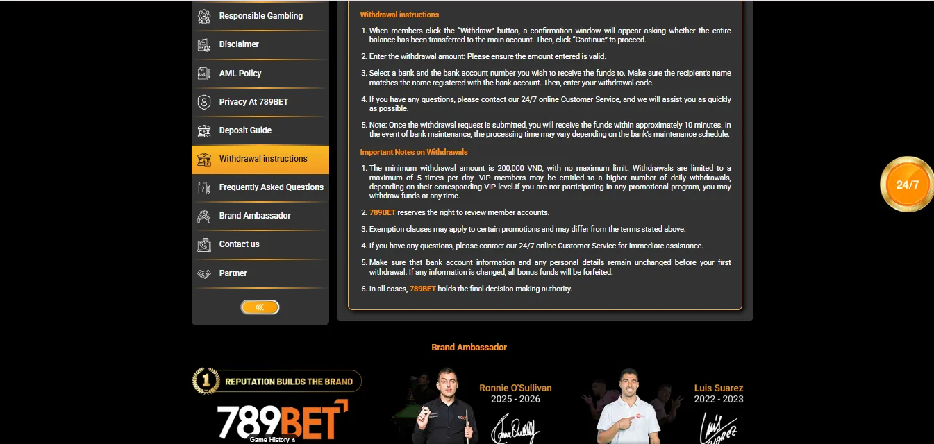 Screenshot of 789bet's withdrawal section and limits