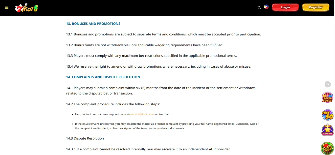 Screenshot of 7spin's bonus terms and wagering requirements