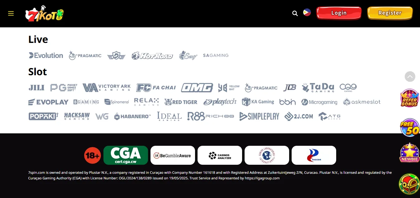 Screenshot of 7spin's footer licence and regulator details