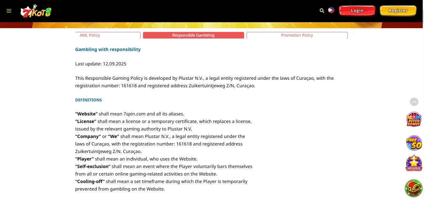 Screenshot of 7spin's responsible-gambling tools