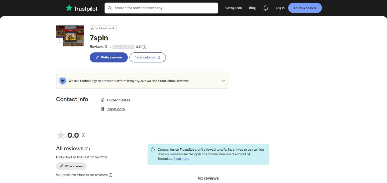 Screenshot of 7spin's Trustpilot rating overview