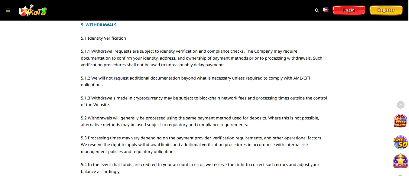 Screenshot of 7spin's withdrawal section and limits