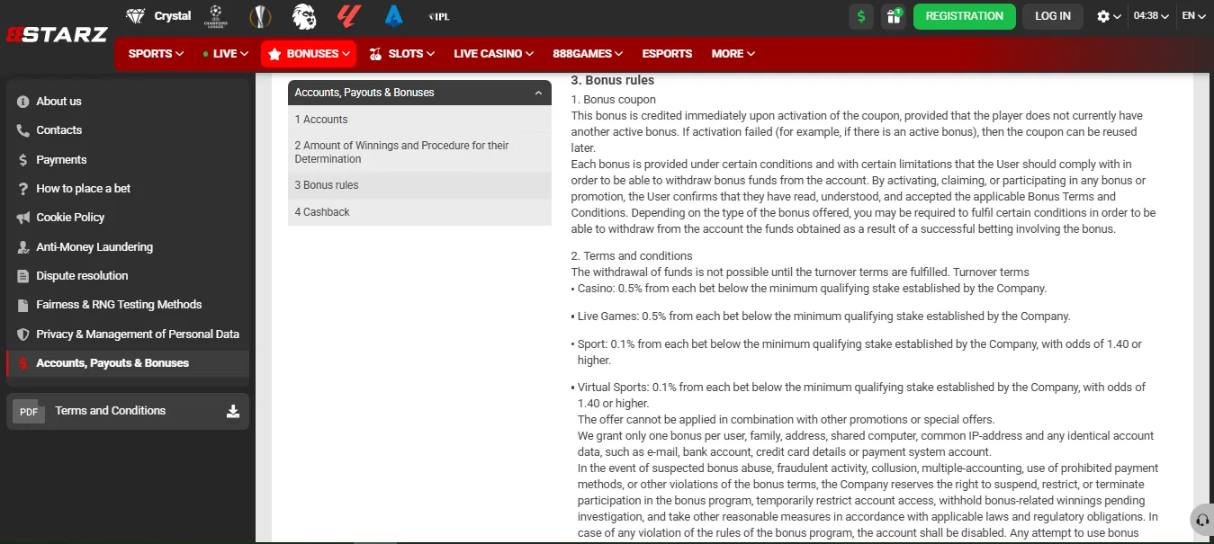 Screenshot of 888starz's bonus terms and wagering requirements