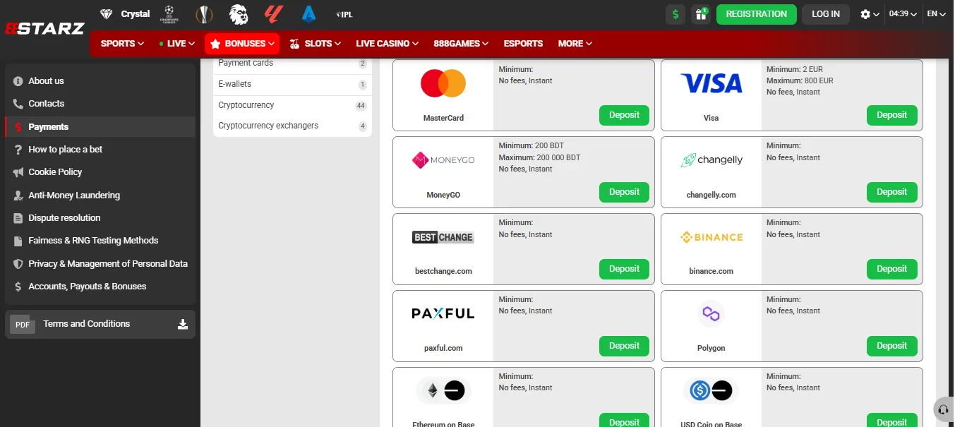 Screenshot of 888starz's cashier and payment methods