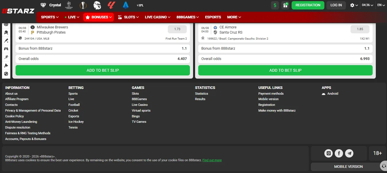 Screenshot of 888starz's footer licence and regulator details