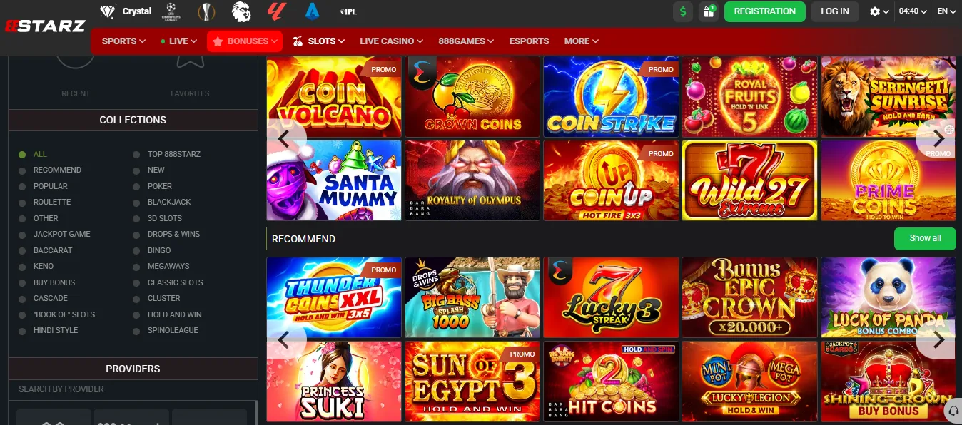 Screenshot of 888starz's games lobby