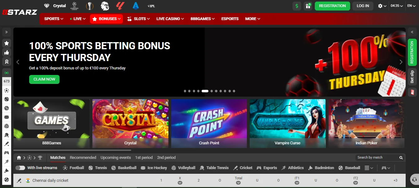 Screenshot of 888starz's homepage