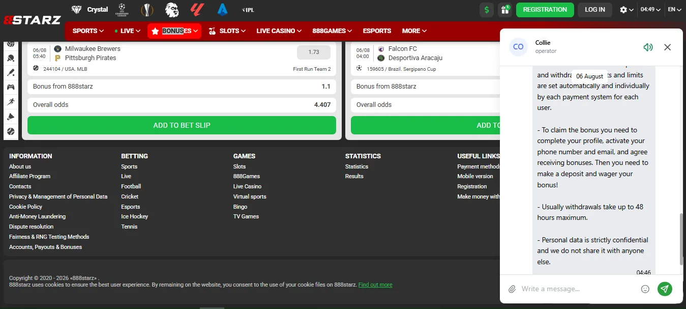 Screenshot of 888starz's live chat support window