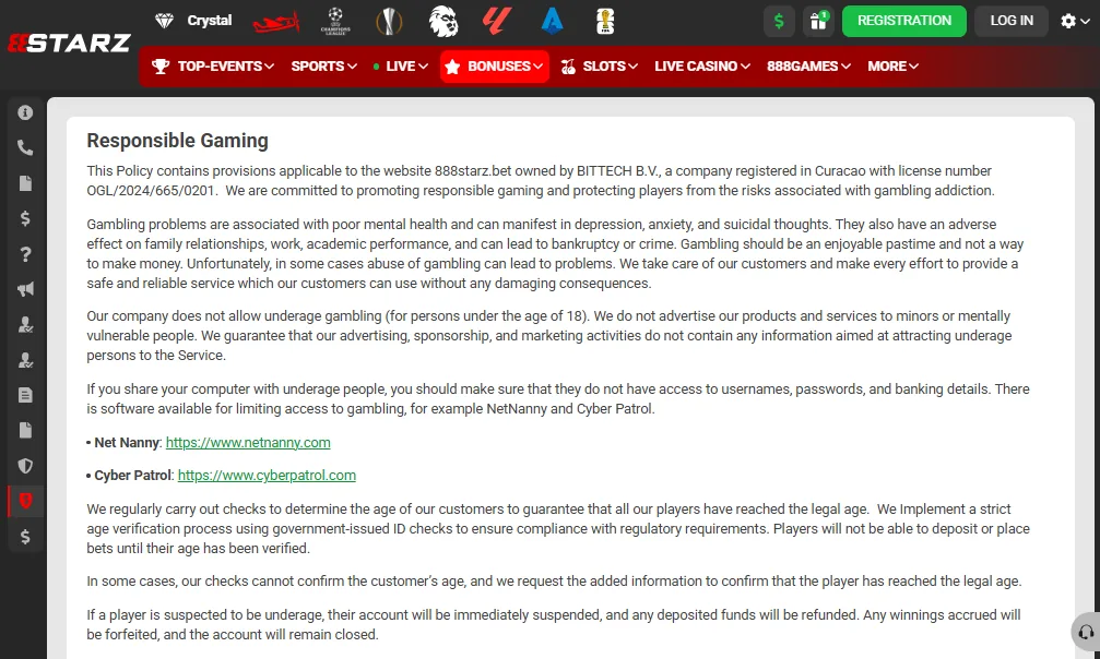 Screenshot of 888starz's responsible-gambling tools