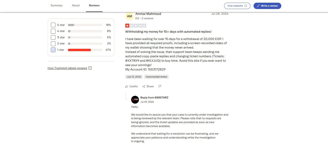 Screenshot of 888starz's negative Trustpilot review
