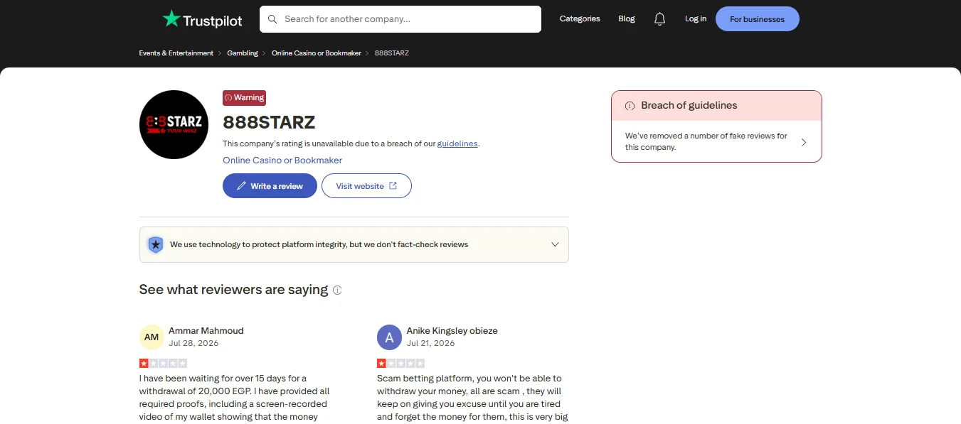 Screenshot of 888starz's Trustpilot rating overview