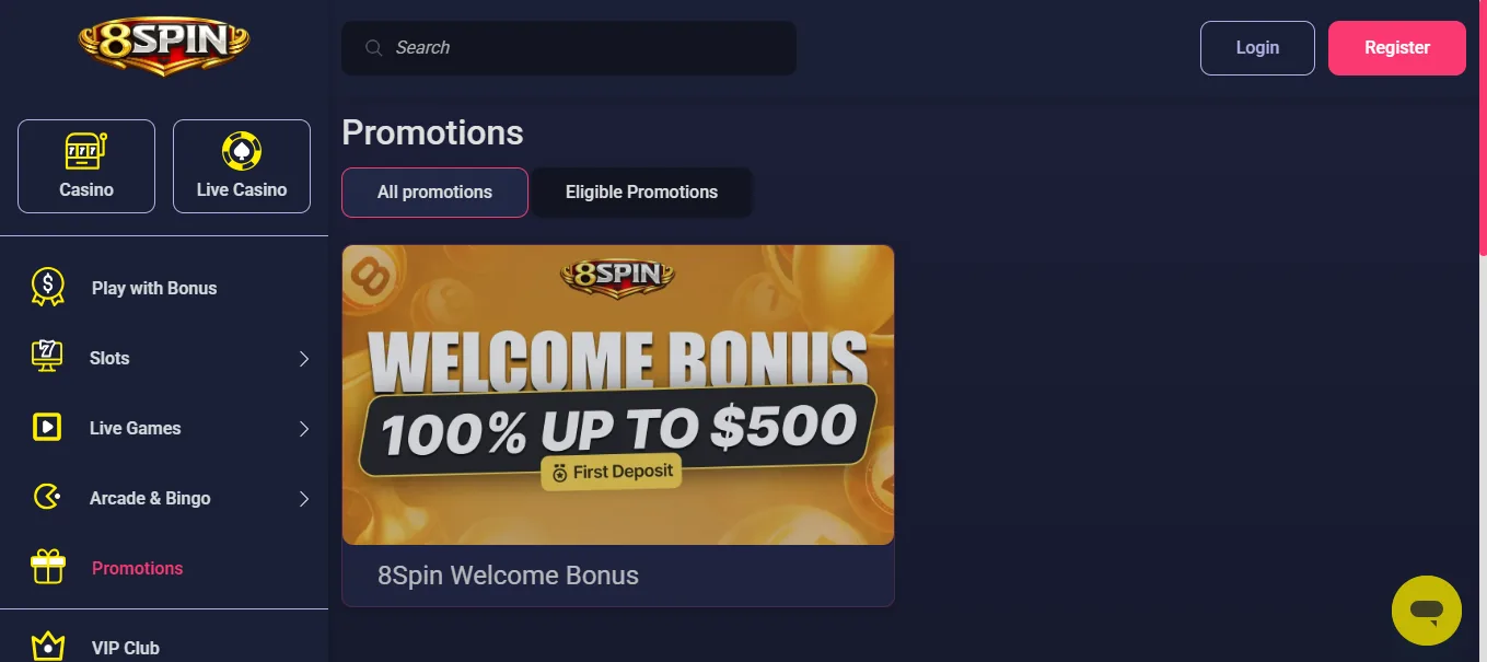 Screenshot of 8Spin's welcome bonus offer