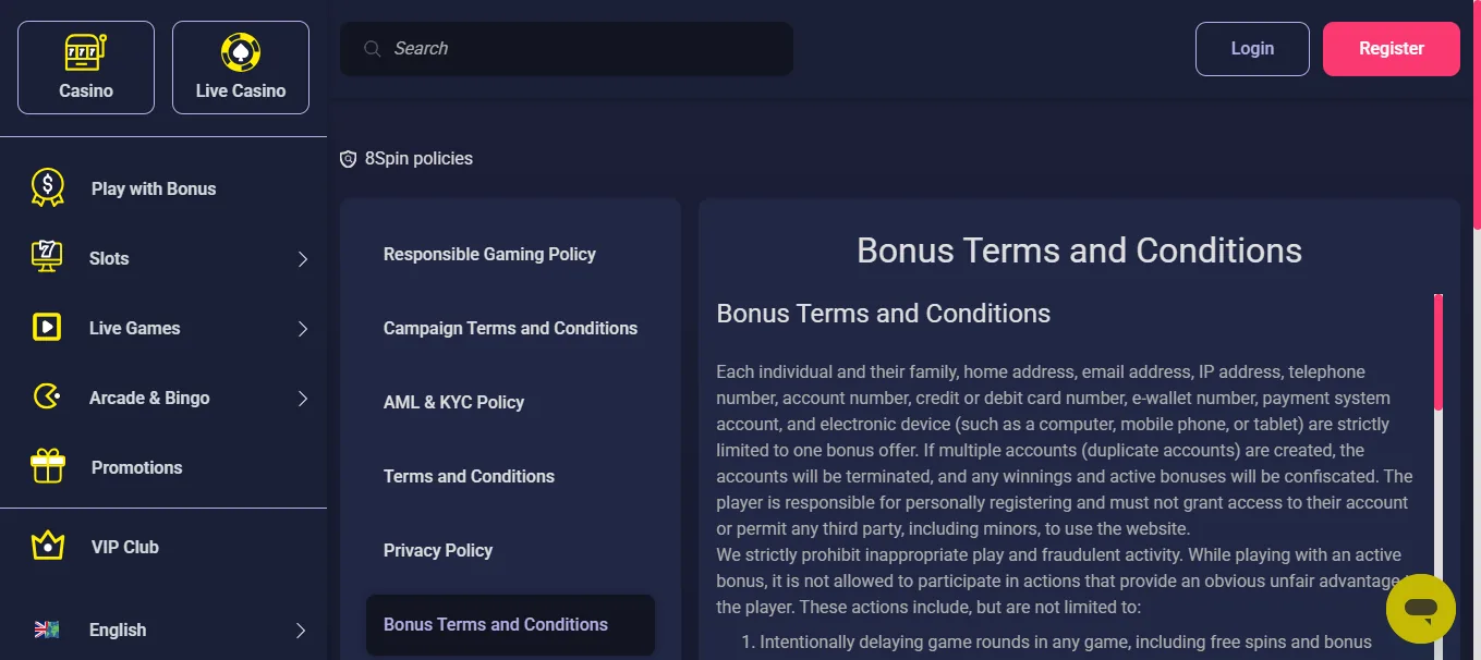 Screenshot of 8Spin's bonus terms and wagering requirements