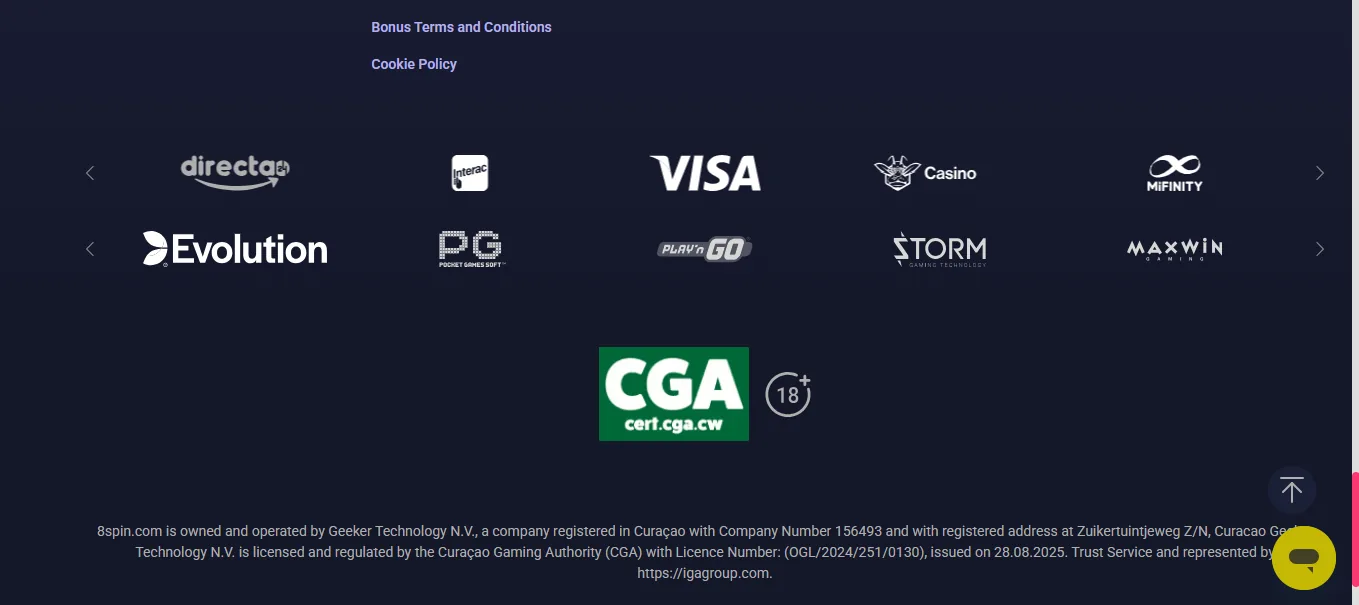 Screenshot of 8Spin's cashier and payment methods