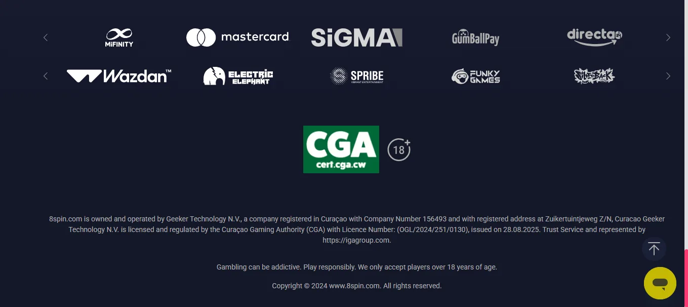 Screenshot of 8Spin's footer licence and regulator details