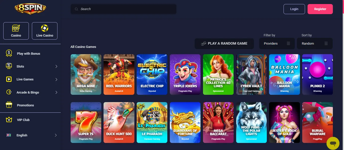 Screenshot of 8Spin's games lobby