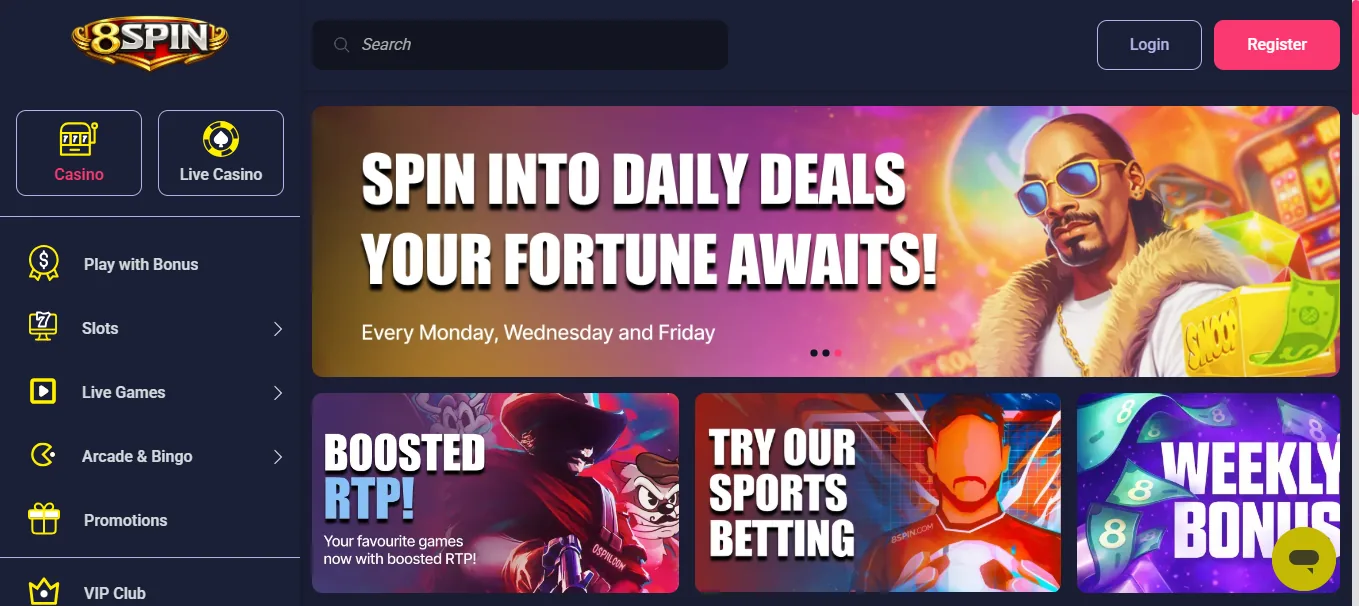 Screenshot of 8Spin's homepage