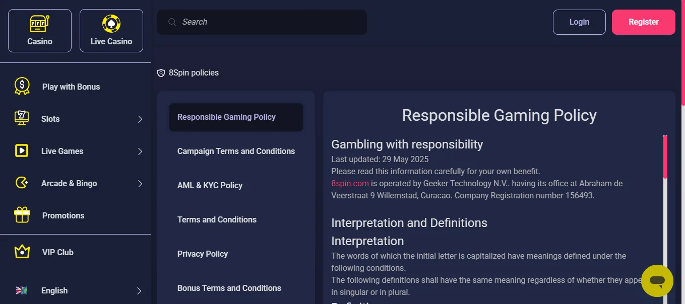 Screenshot of 8Spin's responsible-gambling tools