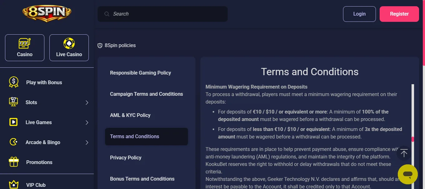 Screenshot of 8Spin's withdrawal section and limits