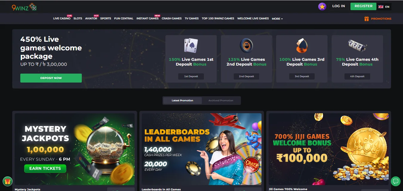 Screenshot of 9Winz's welcome bonus offer