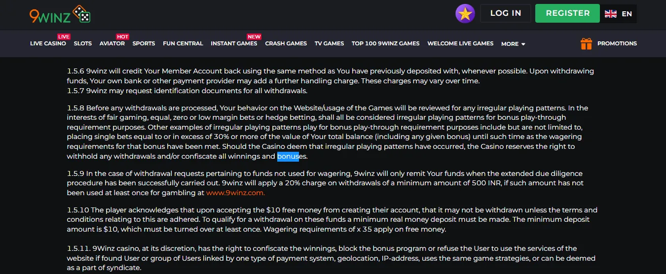 Screenshot of 9Winz's bonus terms and wagering requirements