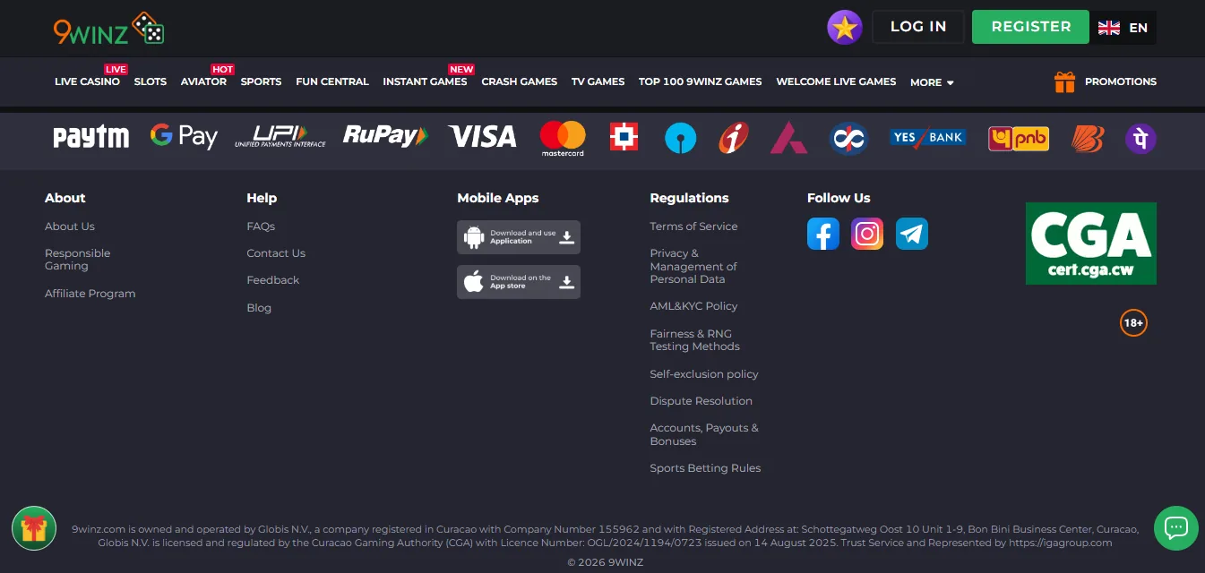 Screenshot of 9Winz's footer licence and regulator details