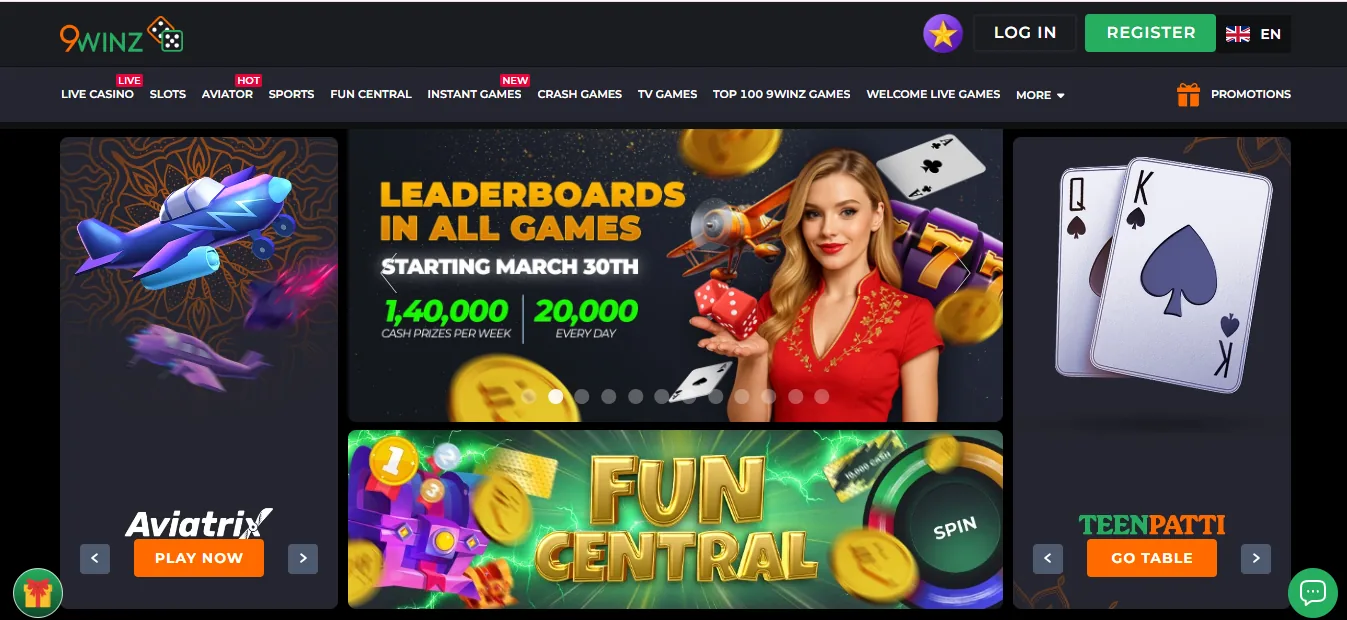 Screenshot of 9Winz's homepage