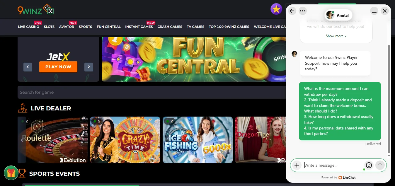 Screenshot of 9Winz's live chat support window