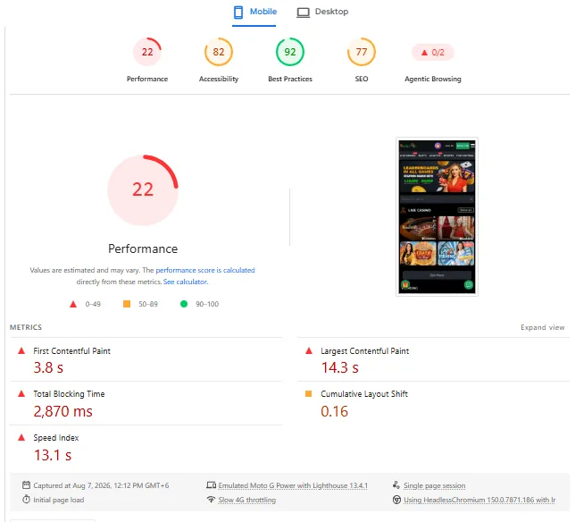 Screenshot of 9Winz's mobile site