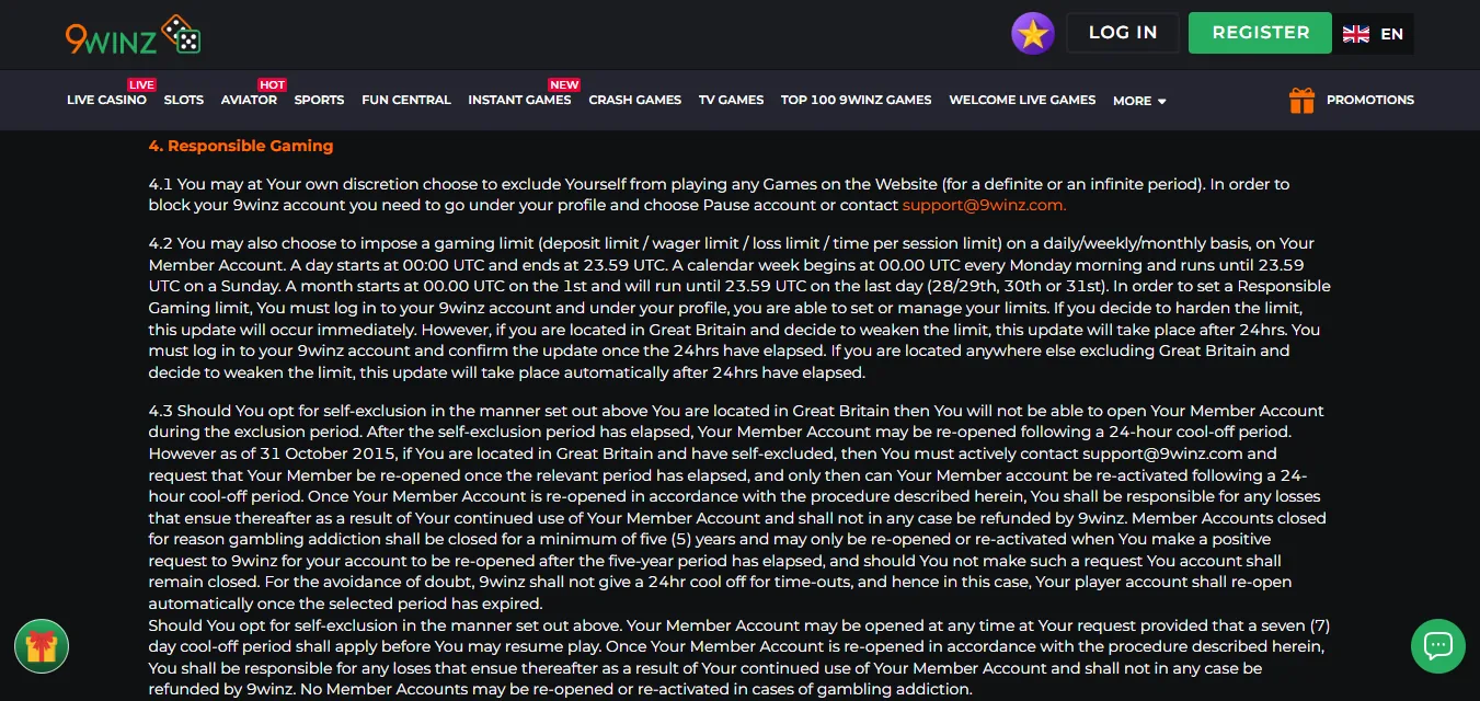 Screenshot of 9Winz's responsible-gambling tools