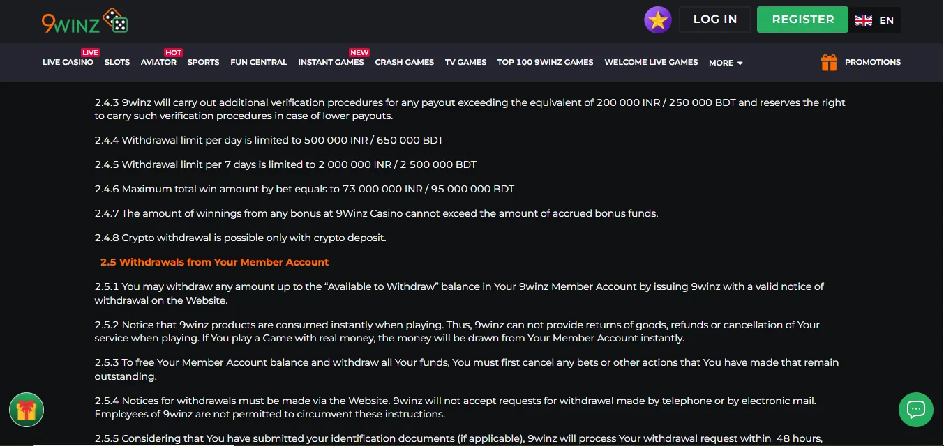 Screenshot of 9Winz's withdrawal section and limits