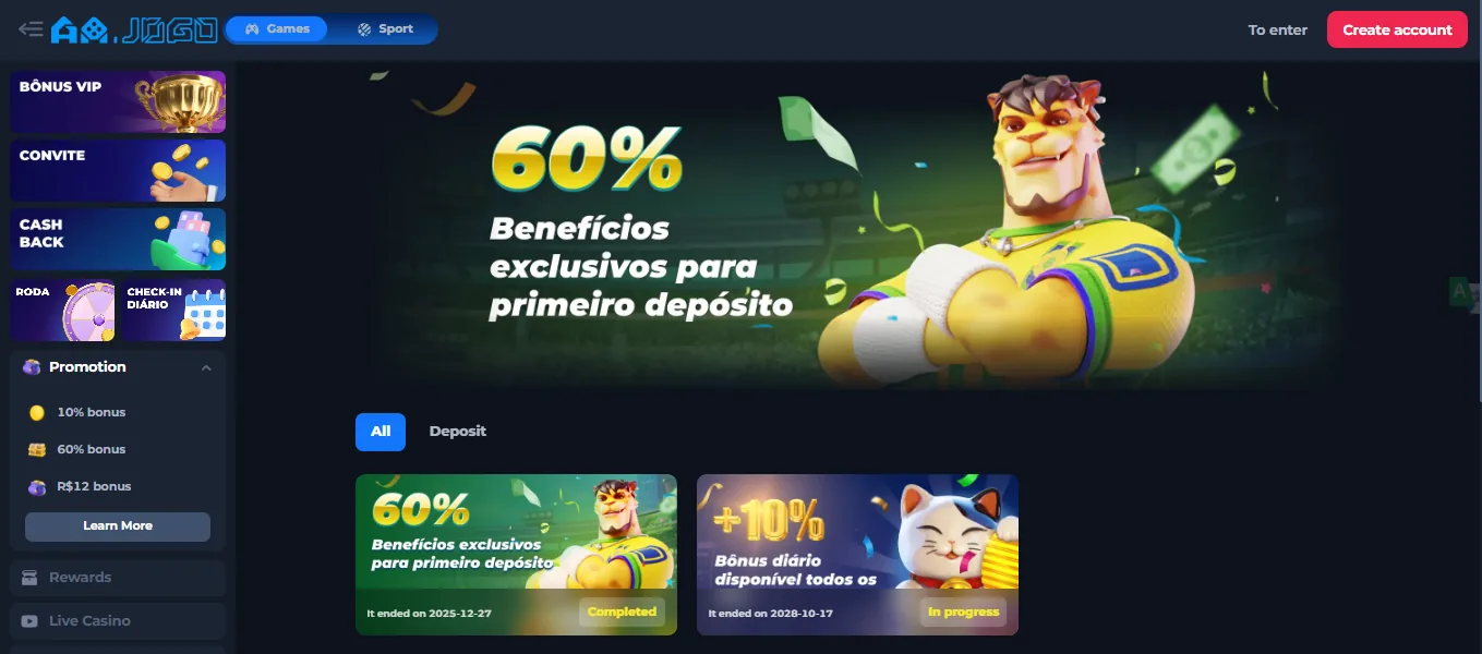 Screenshot of AAJogo's welcome bonus offer