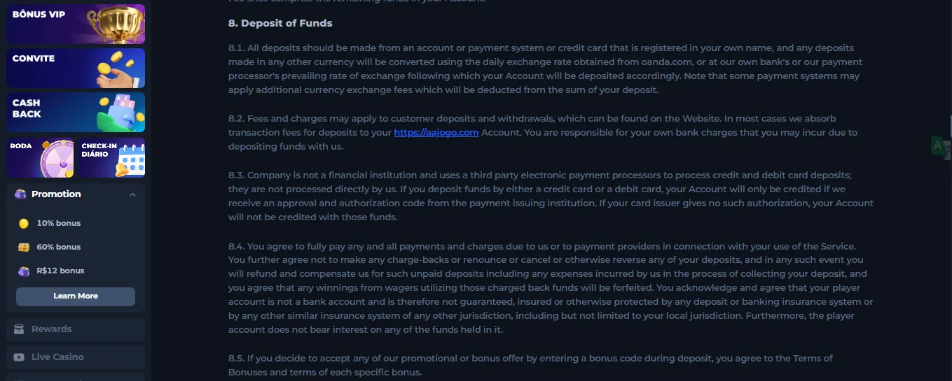 Screenshot of AAJogo's cashier and payment methods
