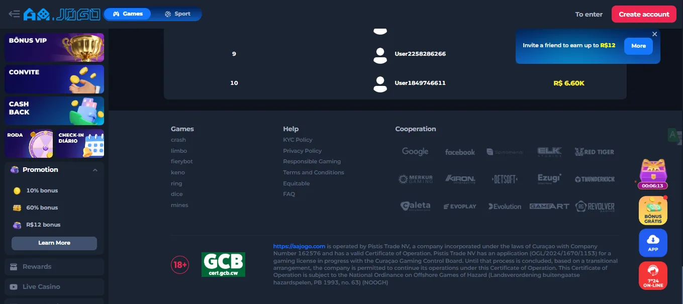 Screenshot of AAJogo's footer licence and regulator details