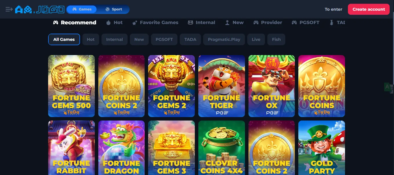Screenshot of AAJogo's games lobby