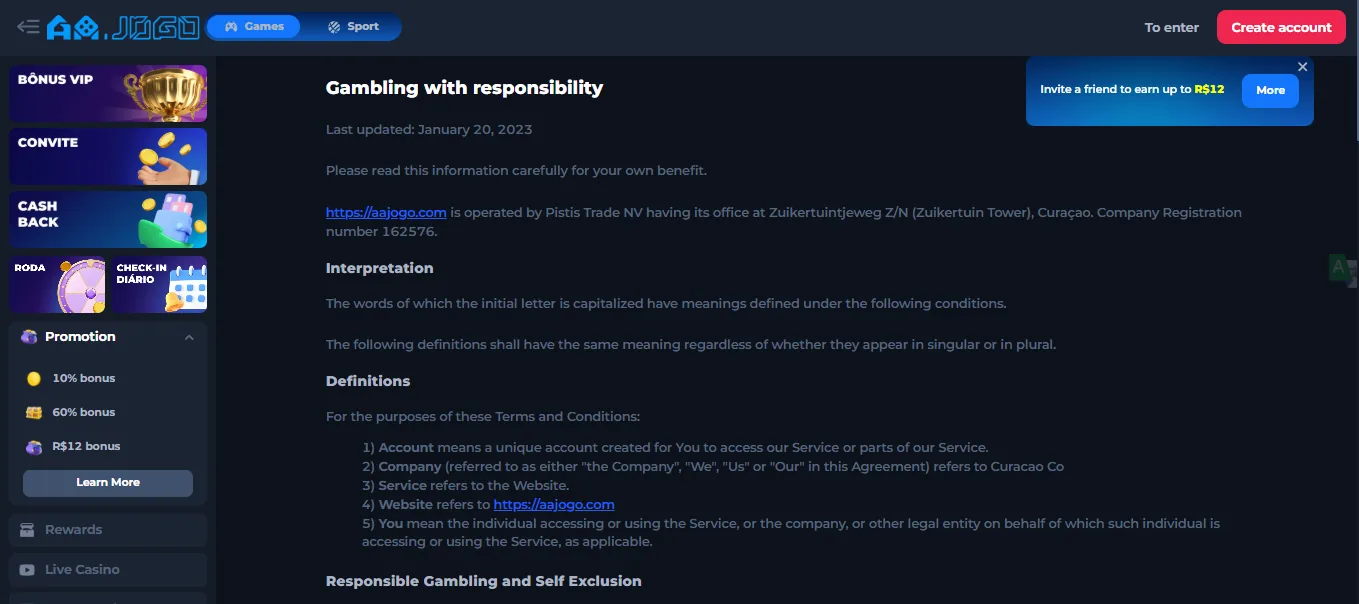 Screenshot of AAJogo's responsible-gambling tools